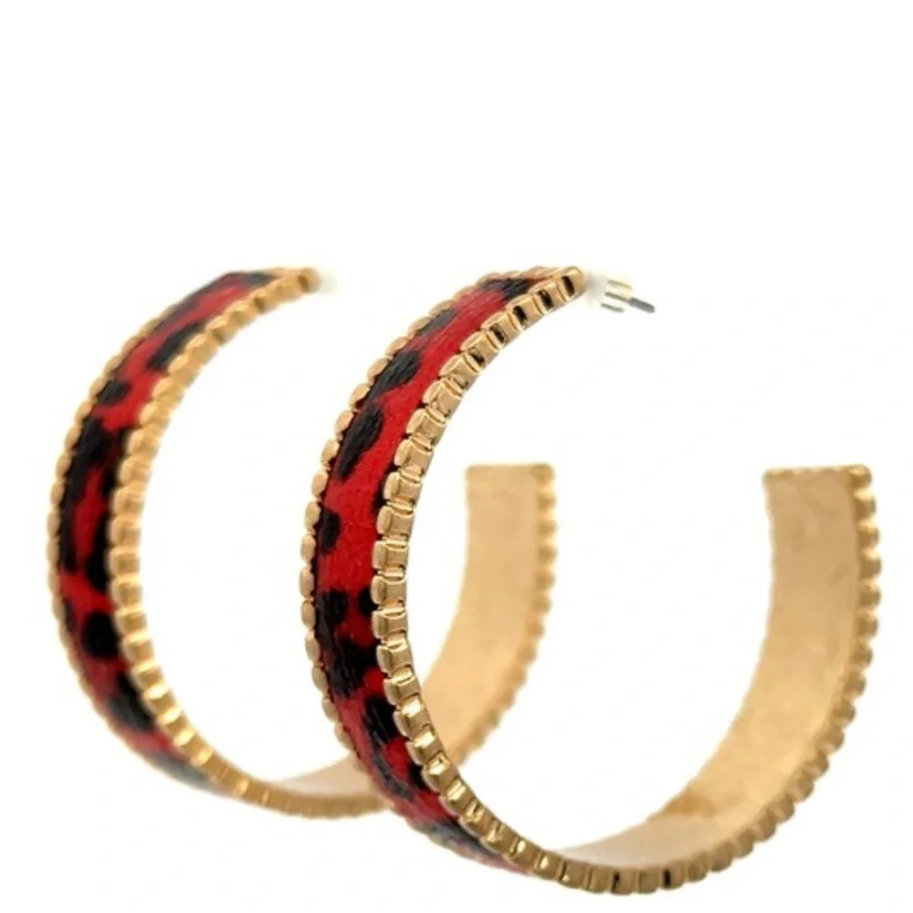 Gold Hoop Earrings with Red Leopard Print Accent